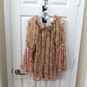 Tan Floral Peasant Top with Trumpet Sleeves